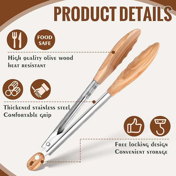 Baderke 2 Pcs Olive Wooden Kitchen Tongs for Cooking Wooden Utensil Set Salad Tongs with Wood Tips for Serving Salad Flipping Burgers Grilling and Much More, Set of 2, 11.4 Inch
