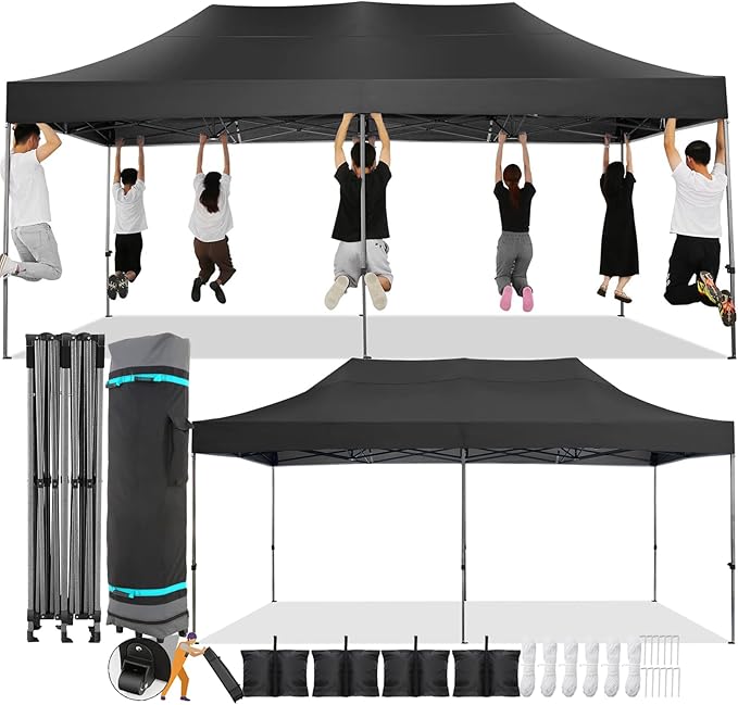 COBIZI 10x20 Pop Up Canopy Without Sidewall,Heavy Duty Canopy UPF 50+ All Season Wind Waterproof Commercial Outdoor Wedding Party Tents for Parties Canopy Gazebo with Roller Bag(10 x 20 ft Black)