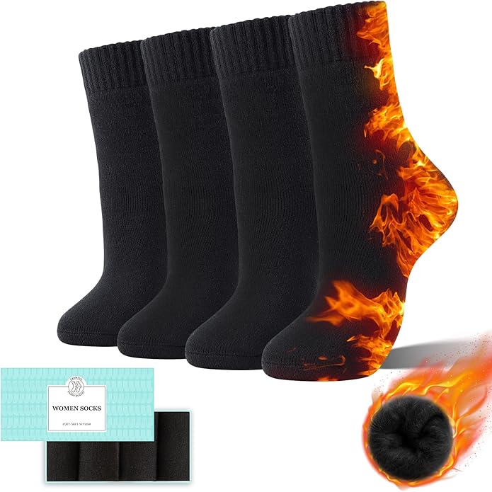HUGSWEET Thermal Winter Socks for Women Extra Thick Insulated Heated Slipper Socks for Cold Weather 4 Pairs (Multicolor)