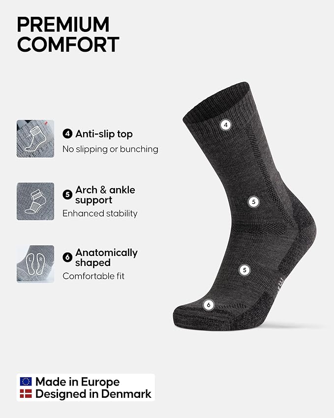 DANISH ENDURANCE Merino Wool Hiking Crew Socks for Men & Women, Cushioned Anti-Blister, Breathable - 3 Pairs