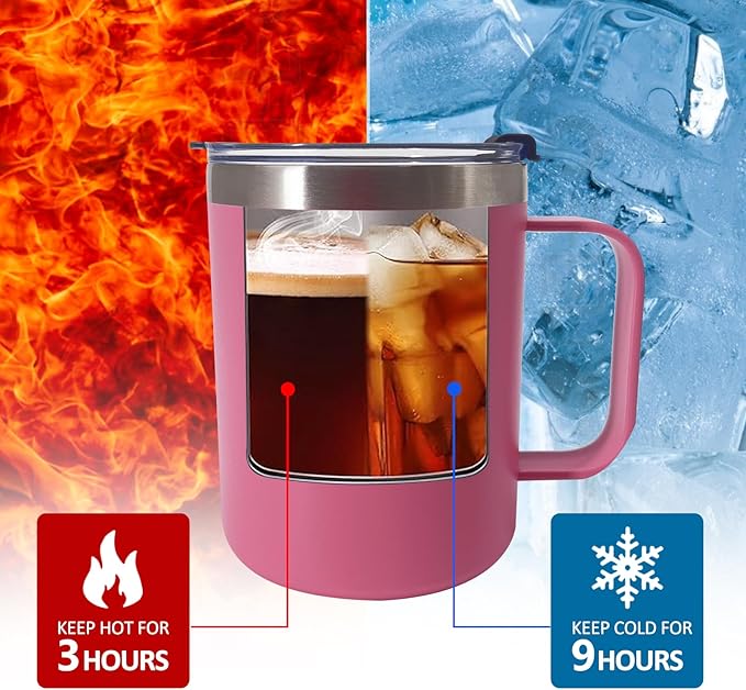 8pack 12oz Coffee Mug With Handle Bulk, Stainless Steel Insulated Travel Tumblers With,Double Wall Vacuum Camping Cup for Hot & Cold Drinks Tea (pink)