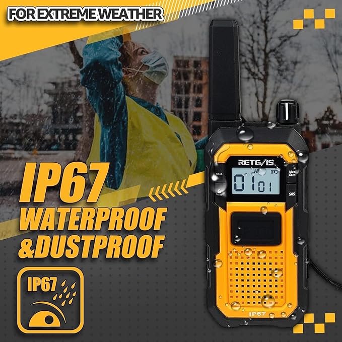Retevis RB48 Walkie Talkies Long Range, IP67 Waterproof Two Way Radios with Earpiece, Support VOX, Vibration Call, 2000mAh, NOAA, 2 Way Radio for Business(2 Pack)