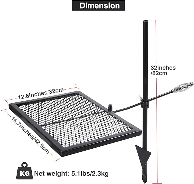 Lineslife Swivel Campfire Grill Grate, Adjustable Heavy Duty Steel Fire Pit Grill Grate Over Fire Pit, Open Fire Grill with Carrying Bag for Outdoor Cooking Camping, Rectangle Black