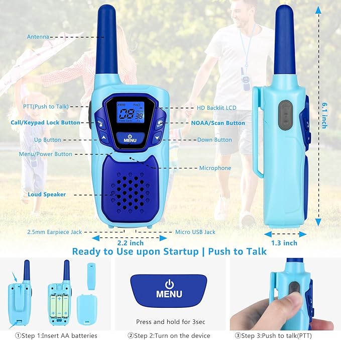 Kids Walkie Talkies 2 Pack NOAA Walkie-Talkies for Adults Rechargeable Long Range 2 Way Radios 4 Miles for Family Camping Hiking Skiing Cruise Ship, Toys for 3-12+ Year Old Girls Boys Toddlers