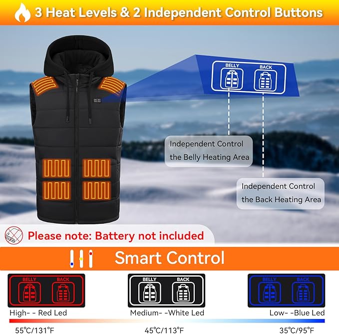 Heated Vest for Men, 14 Heating Zones, Dual Control Electric Heated Vest with Detachable Hood, Battery Not Included