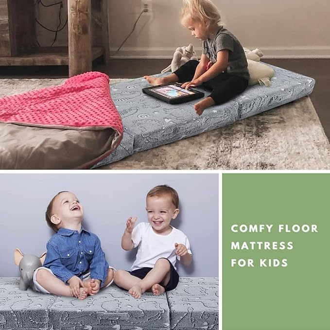 MeMoreCool Glow Dinosaur Foldable Floor Mattress for Kids, Trifold Nap Mat for Toddlers, Portable Daycare Sleeping Futon or Floor Bed, 57x22 Inch