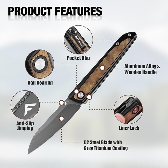 FLISSA Pocket Knife, Folding Knife with D2 Steel Blade, Liner Lock, Aluminum Alloy & Wooden Handle, Ball Bearing and Pocket Clip for EDC, Camping, Hiking, Outdoor Activities