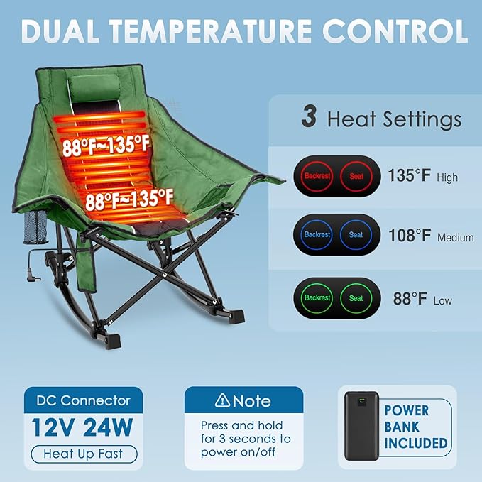 Suteck Heated Rocking Camping Chair, XL Oversized Rocking Chair Outdoor with 3 Heat Levels for Back and Seat, Heated Chairs Outdoor Sports W/20,000mAh Power Bank for Patio Lawn Picnic Travel
