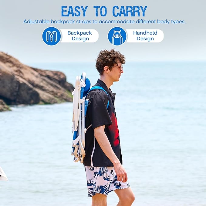 Reclining Beach Chair Backpack 5-Position Lay Flat Lounge Chair for Adults Heavy Duty Portable Folding Lightweight with Cooler Bag Camping Chair for Sand Outdoor