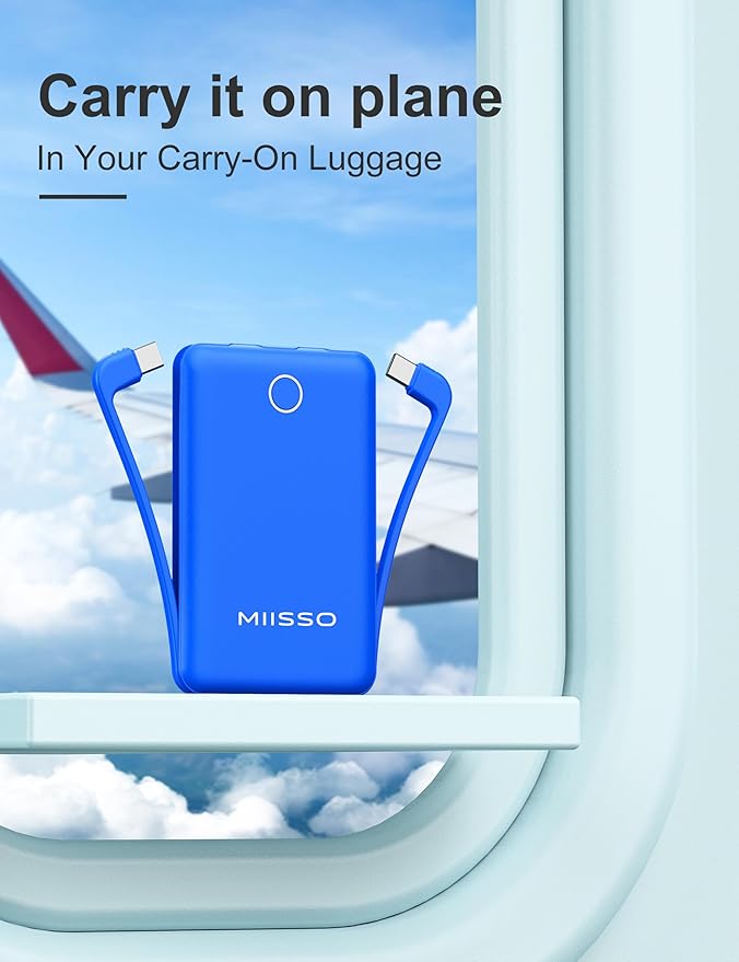 miisso 10000mAh Slim Portable Charger with Built in Cable, Power Bank Travel Charger External Battery Pack for Phone, 3 Output USB Type C Cord Clutch Charger Compatible with iPhone, Deep Blue