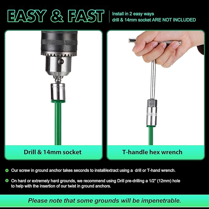 Zhengmy 4 Pcs Ground Anchors Screw in, 12 Inch Heavy Duty Tent Stakes with Trampoline Anchor Hook Ground Stakes for Camping Tent Canopies Ports Sheds Swing Sets Securing Animals (Green)
