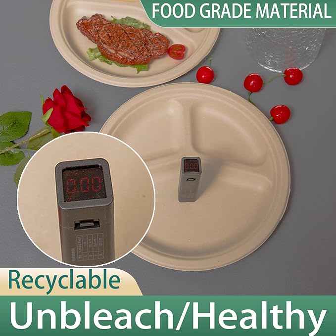 150pack 3 Compartment Paper Plates, 10inch Disposable Heavy Duty Eco Friendly Round Divided Compostable Sugarcane Bagasse Sectional Plates For Dinner