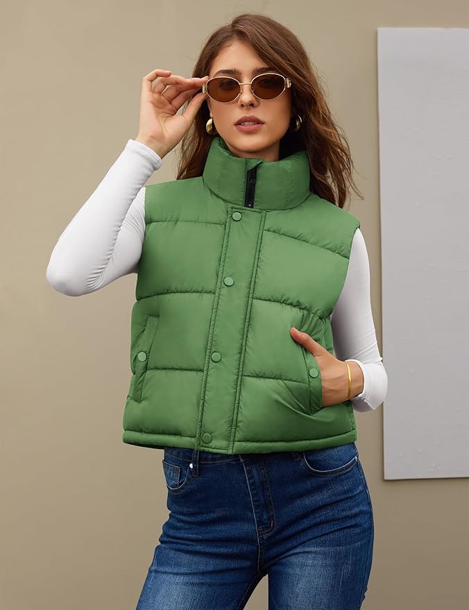 Fengbay Womens Puffer Vest Sleeveless Puffy Cropped Vests Stand Collar Vest Lightweight Bubble Quilted Vests Trendy 2025