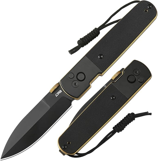CJRB Locust Folding Knife, 3.15'' AR-RPM9 Steel Blade Pocket Knife with Black PVD Steel&G10 Inlay Handle, Button Lock with Safety Switch EDC Knife for Men Women Camping Hiking(1951-BG)