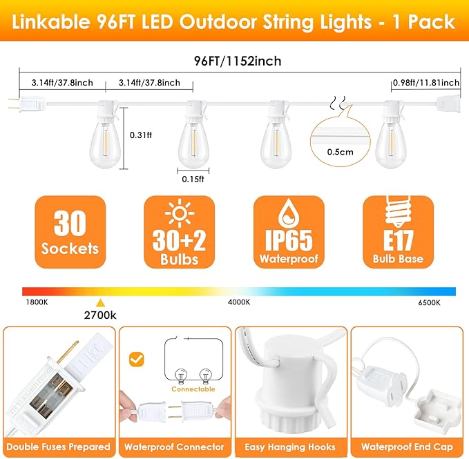96FT LED Outdoor String Lights, Waterproof Patio Lights with 30+2 2700K Dimmable Vintage Edison Hanging Plastic Bulbs for Bistro Wedding-White
