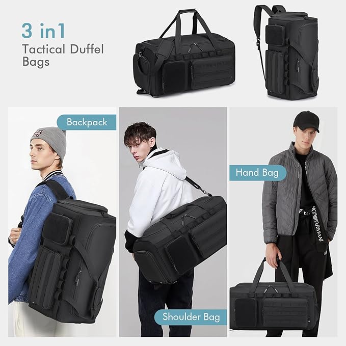 BAGZY Tactical Gym Bags for Men 3 In 1 Travel Duffle Bag 40L with Shoe Compartment Travel Backpack Fitness Weekender Deployment with 1pcs Tactical Toiletry Bag Black