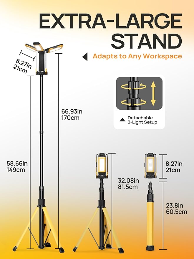 10000mAh Rechargeable Camping Light with Stand 5.6 ft Max Height, with 2 Detachable Lamp Panels, Cordless Led Work Light, Camping Garage Workshop Car Repair