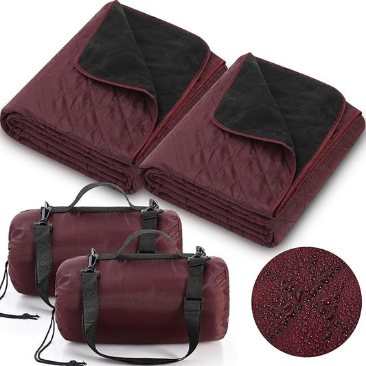 Tranqun 2 Large Outdoor Blanket 78'' x 55'' Quilted Windproof Waterproof Fleece Sandproof Stadium Foldable Warm Blanket for Camping Picnic Sporting Events Cold Weather (Dark Red)