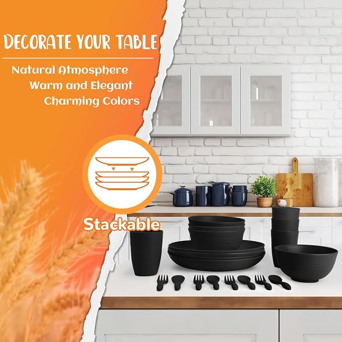Wheat Straw Dinnerware Sets, Unbreakable Plates and Bowls Sets 20-Piece Service for 4,Plastic Outdoor Camping Dishes, Microwave & Dishwasher Safe - Black