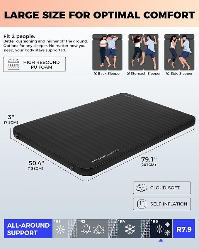 KingCamp Self Inflating Sleeping Pad, R 7.9 Air & Foam Camping Mattress 2 Person, 3" Thick Full Size Double Sleeping Pad with Pump Sack for Camp Tent Outdoor Car, PVC Free (Black)