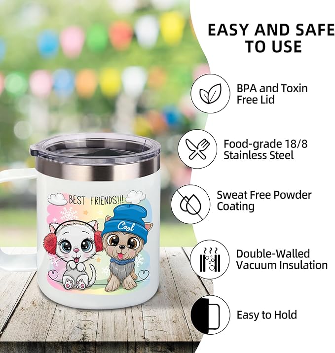 Volhoply 14oz sublimation Insulated Stainless Steel Coffee Mug with Lid Bulk 2 Pack,Double Wall Vacuum Travel Coffee Cup with Handle,Reusable Metal Cups Tumbler,Camping Mugs Keep Hot(Sublimation,2)
