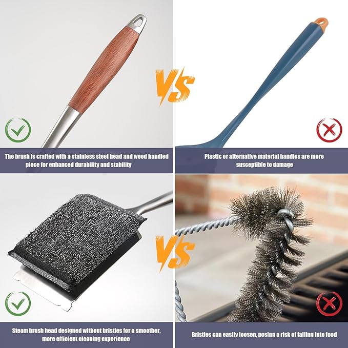 Bristle-Free Grill Brush with Steam Cleaning - Heat-Resistant Aramid Fiber Pad & 1 Replaceable Head 16 Inch Long Wood Handle- Safe for All Types Grills,Ideal Gift for Dads
