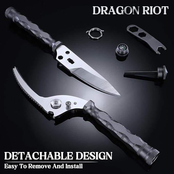 DRAGON RIOT Heavy Duty Kitchen Scissors - Sharp Scissors for Cutting Chicken, Poultry, Turkey, Meat - Stainless Food Kitchen Shears for Professionals - Spring Loaded (Grey)