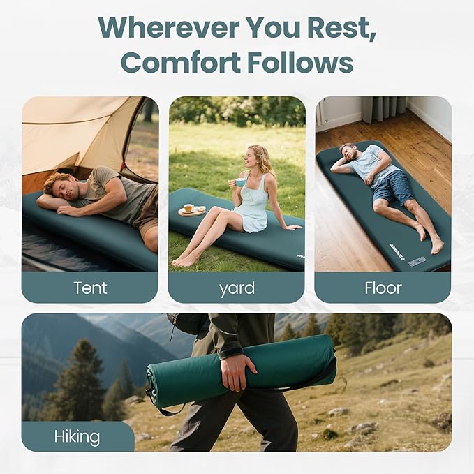 Camping Sleeping Pad with Electric Pump, 3.15" Ultra-Thick Self Inflating Memory Foam Camping Mattress Pad with Pillow, 4-Season Portable Camp Sleeping Mat for Travel,Car,Tent,Home-Green