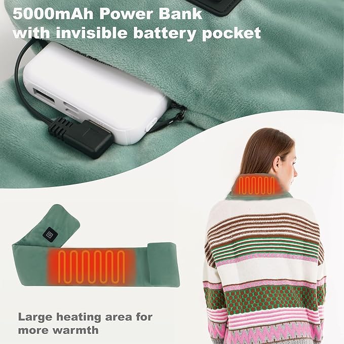 Heated Neck Wrap with 5000 mAh Power Bank, Cordless Heating Pad with Adjustable 3 Heat Settings, Soft Neck Warmer for Pain Relief, Muscle Relaxation, Portable Heated Neck Scarf