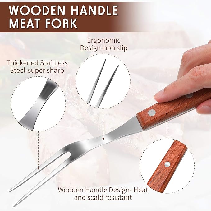Honoson 2 Pieces Meat Forks Stainless Steel Carving Fork with Rosewood Handle for Kitchen Barbecue Serving Cooking Grilling Roasting (13 Inch,10 Inch)