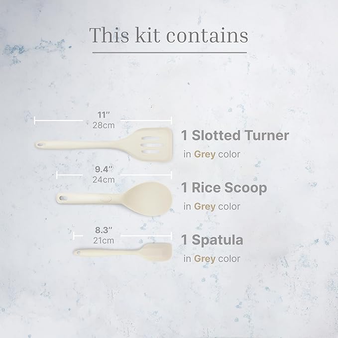 Silicone Utensils 3-Piece Set – Rubber Spatula, Slotted Turner, and Rice Paddle – Complete Heat-Resistant Set for Non-Stick Cookware – Kitchen Tools and Accessories for Cooking & Baking – Cream