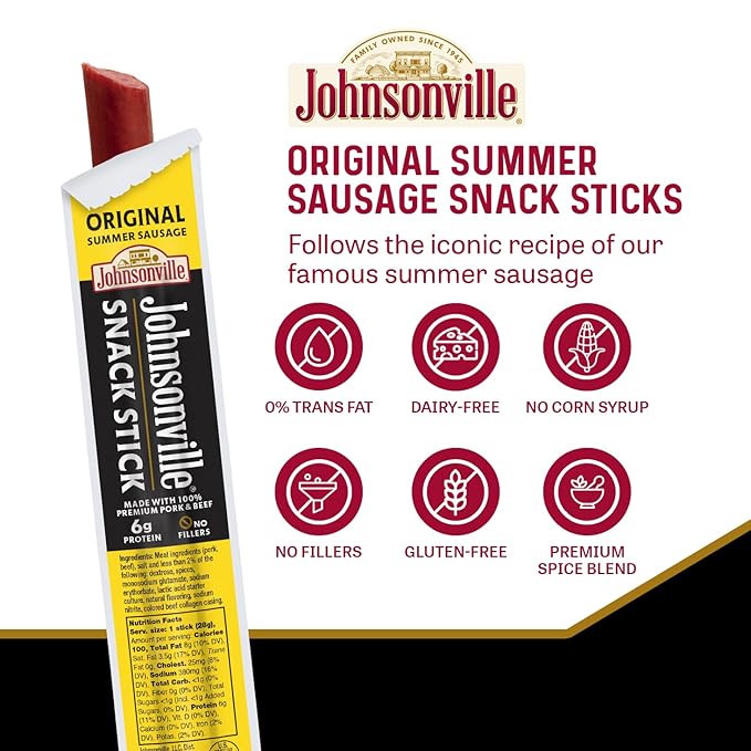 Johnsonville Summer Sausage Snack Sticks - Dairy Free, Gluten Free Protein Snacks, Jerky Snack Packs - Original, 1 oz., 24-Pack