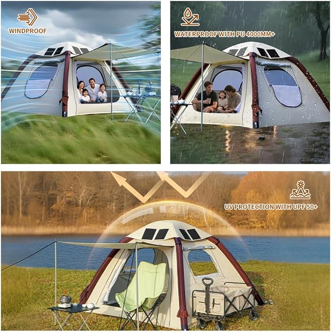 Cow-HQUS Camping Tents 4 Person, Pop Up Tents for Camping, Family Auto-Inflating Instant Pop Up Folding House with Screen Porch, Dome Large Inflatable Tents for Camping/Hiking/Beach(Solar Tent)