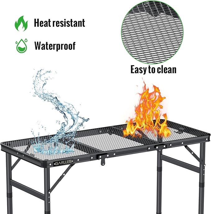 GARLLEN Folding Grill Table, 3 Adjustable Height Portable Picnic Table with Heat-Resistant Mesh Desktop, Lightweight Aluminum Camping Table for Outdoor, BBQ, Camping, 34.2" L x 15.7" W, Black
