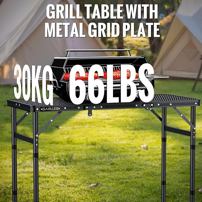 GARLLEN Folding Grill Table, 3 Adjustable Height Portable Picnic Table with Heat-Resistant Mesh Desktop, Lightweight Aluminum Camping Table for Outdoor, BBQ, Camping, 34.2" L x 15.7" W, Black