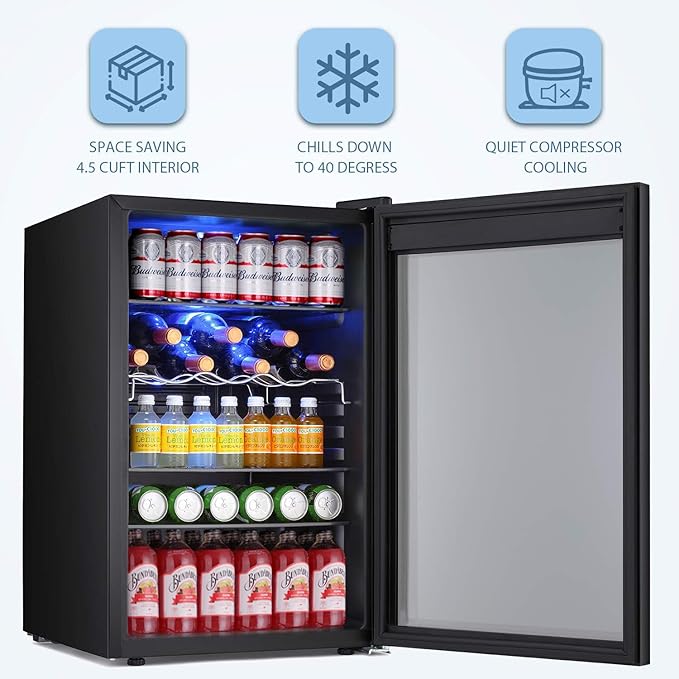 Antarctic Star Beverage Refrigerator -150 Can Mini Fridge for Soda Beer or wine,Small Drink Dispenser, For Office or Bar with Adjustable Removable Shelves,4.5 Cu. Ft. (Black)