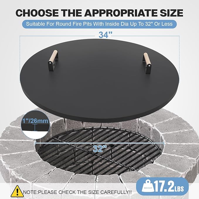 Fire Pit Lid Cover Round - 34" Rust Resistant Powder Coated Steel Firepit Cover or Table with 2 Wooden Handles for Patio Fire Pit, Weatherproof for All Seasons, Fits Fire Pits Up to 32"
