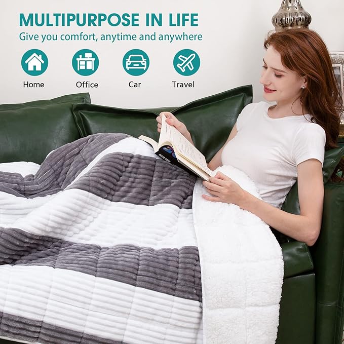 Weighted Blanket for Adults (15lbs, 60"x80" Queen Size) - Sherpa Fuzzy Heavy Blanket for 120-160lbs with Premium Glass Beads - Soft Thick Blanket for All-Season Sleeping Comfort - Grey