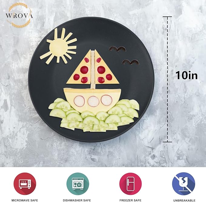 Wheat Straw Dinner Plates 10 Inch Unbreakable Set of 8 - Dishwasher & Microwave Safe Plastic Plates Reusable - Lightweight Plates for kitchen,camping,salad - Black to Grey