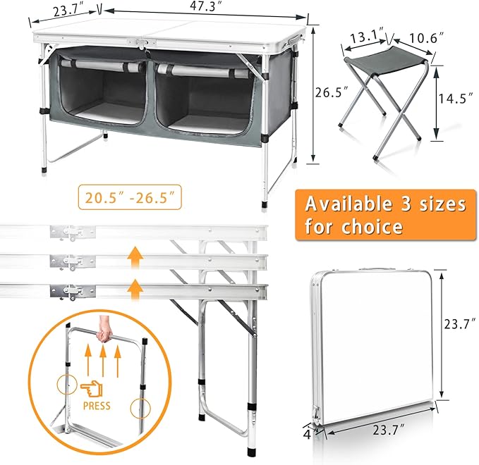 CampLand Outdoor Folding Table Aluminum Lightweight Height Adjustable with Storage Organizer for BBQ, Party, Camping