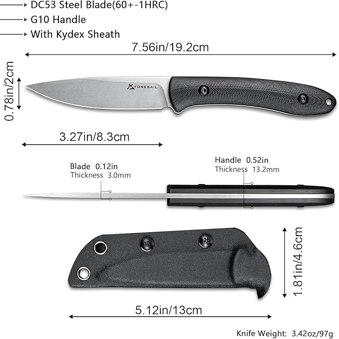Small Fixed Blade Knife,Full Tang Design knife.3.27inch DC53 Steel Blade and G10 Handle,with Kydex Sheath,Fixed EDC Tactical Knife for Men Women,Outdoor Hiking Camping Knives
