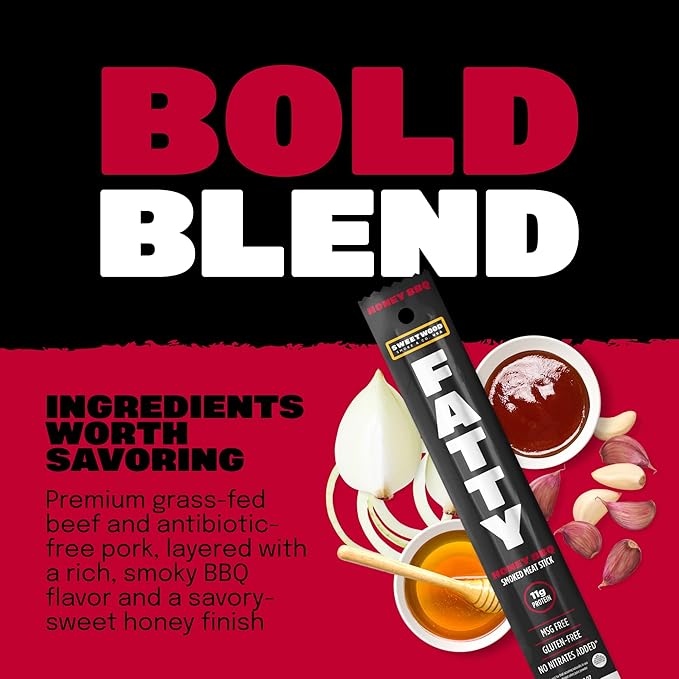 FATTY Meat Sticks, Made with Grass Fed Beef, Pork Raised Without Antibiotics, 11g Protein Per Stick, Honey BBQ, 2 oz. (Pack of 5)