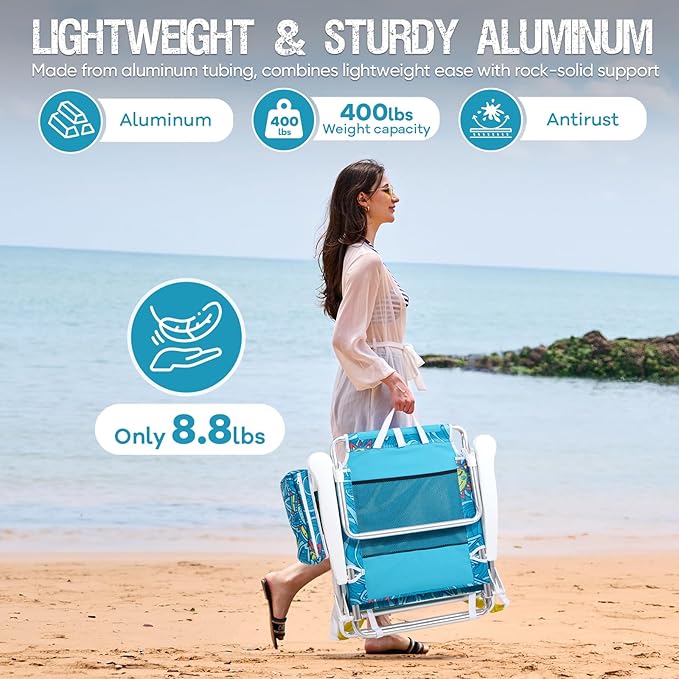 Reclining Beach Chair Backpack 5-Position Lay Flat Lounge Chair for Adults Heavy Duty Portable Folding Lightweight with Cooler Bag Camping Chair for Sand Outdoor