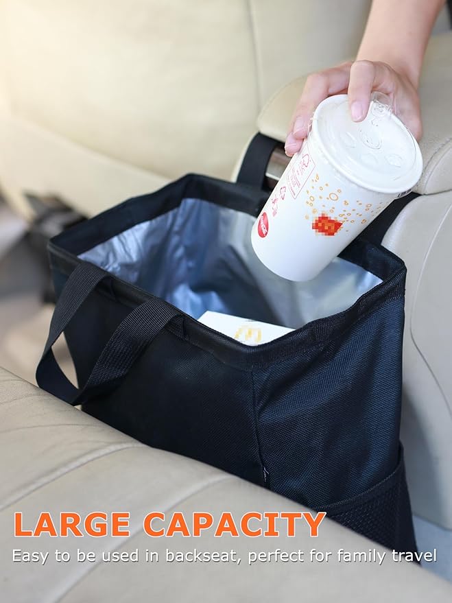 Ginsco New Leak-Proof Travel Car Trash Bag, 3.5 Gallons Large Capacity Hanging Car Trash Can with Hook and Loop Lid and Handle, Multipurpose Trash Bin with Storage Pockets for SUV RV Camping (Black)