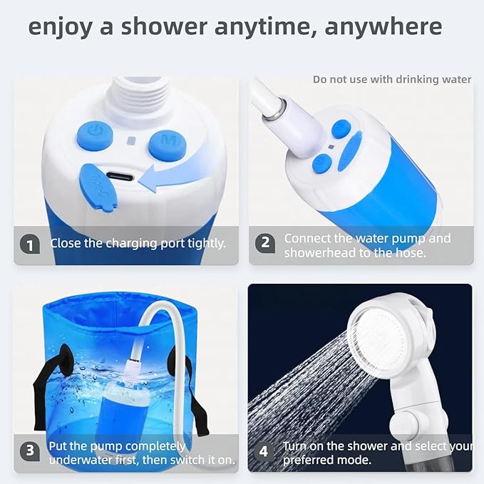 Portable Shower for Camping, Rechargeable Portable Camping Shower Pump with USB-C, Camp Shower with 3 Spray Modes, Outdoor Shower Kit for Camping, RV, Travel, Pet Bath, Watering Plants (+ Mesh Bag)