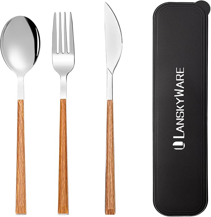 Portable Utensils Set with Case 18/8 Stainless Steel Silverware Sets Reusable Utensils Set Knife Fork and Spoon with Case 3 PCS Set Ideal for Travel Camping