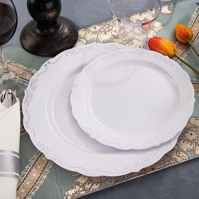 U-QE 175PCS Silver Plastic Plates & Pre Rolled Napkins with Silver Plastic Cutlery for 25 Guests, Great for Party & Wedding