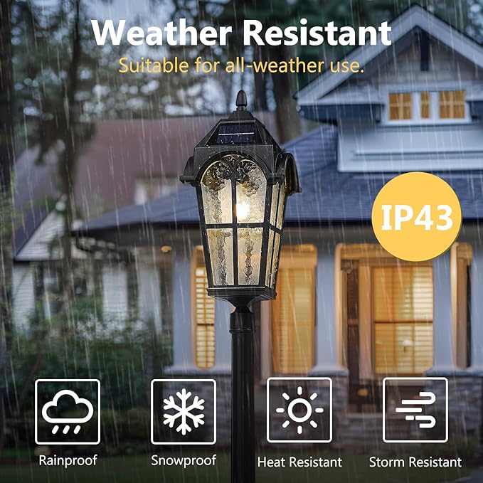 Emliviar 85.4" Black Solar Powered Street Light Fixture for Pathway with Remote Control, Dusk to Dawn Waterproof Pole Lamp with LED Bulb, Post Lighting with Water Grain Glass Shade, YXE302MPL-SL BK