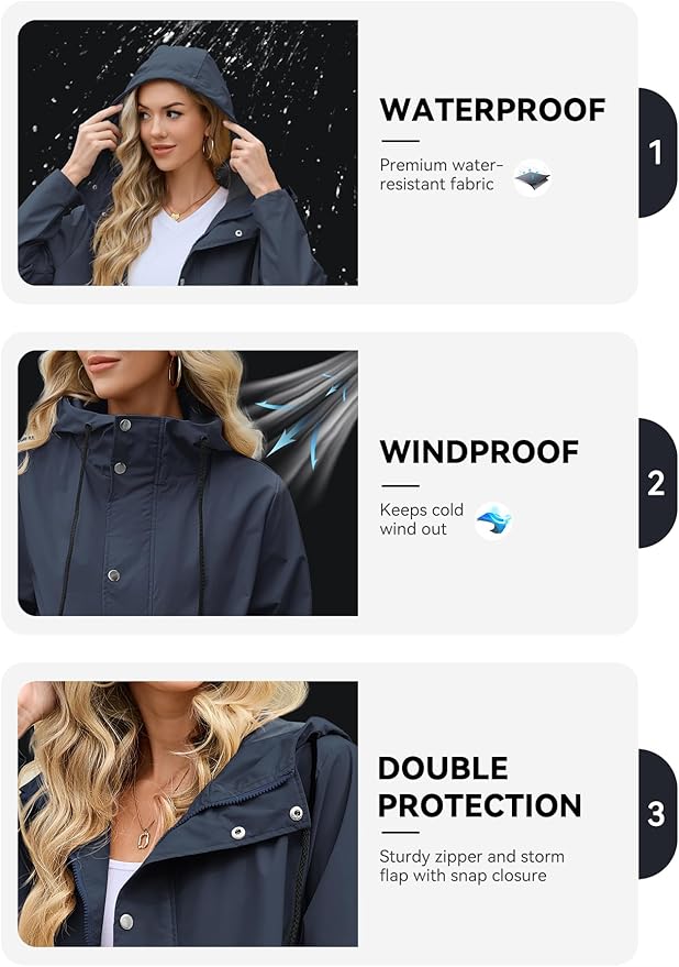 Zando Long Packable Rain Jacket Women Waterproof - Raincoat for Women Rain Coat with Hood Lightweight Outdoor Windbreaker