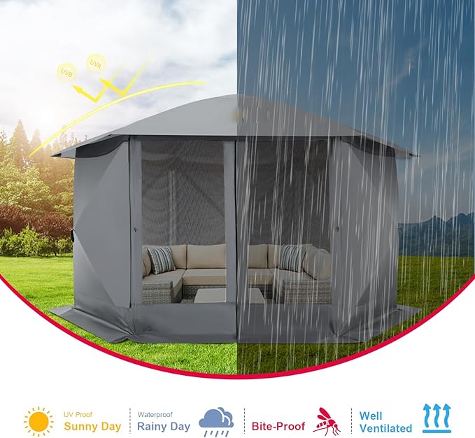 COBlZl Pop Up Gazebo 12x12 Screen House Tent for Camping, Outdoor Instant Stargazing Gazebo Canopy with Awning 2.0, Portable Hub Tent with Mosquito Netting, Pavilion for Backyard,Gray